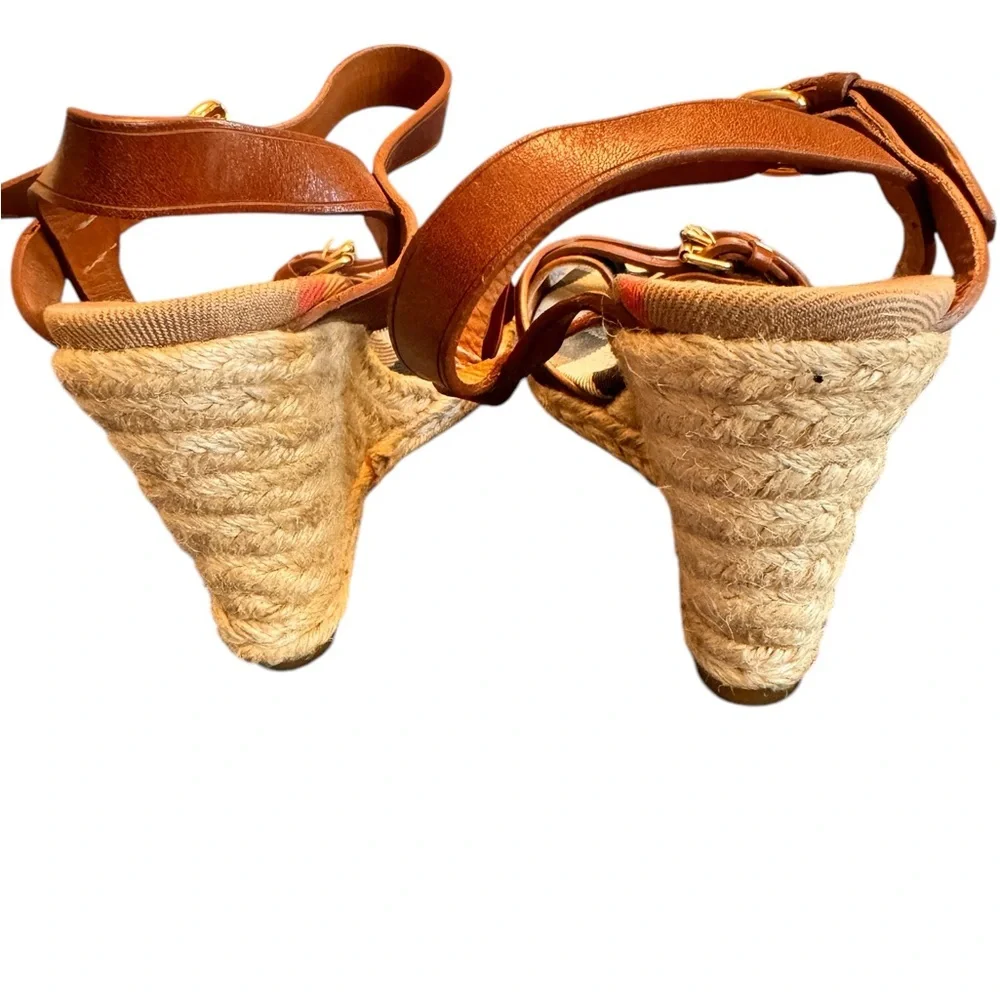 Burberry Tan Leather Check Canvas Espadrille Wedge Sandals Italy Size 35 in GUC